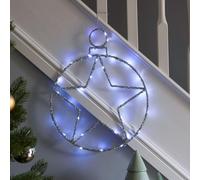 Festive Lights - 49cm Silver Acrylic Christmas Hanging Star Bauble Motif Wall Decoration - 40 Clear White Twinkling LEDs, Battery Powered with 6 Hour Timer Function, Clear Cable, for Indoor Use