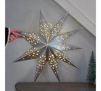 Festive Lights - 50cm Silver Origami Hanging Christmas Star - Battery Operated Clear White 10 LED Indoor Seasonal Traditional Xmas Decoration with 6 Hour Timer