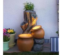 Festive Lights - 53.5cm Garden Water Feature, Rustic Tree Trunk Outdoor Fountain with Planter, Solar, USB & Mains Powered, Polyresin, LED Light, Timer, External Panel