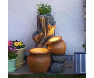 Festive Lights - 53.5cm Garden Water Feature, Rustic Tree Trunk Outdoor Fountain with Planter, Solar, USB & Mains Powered, Polyresin, LED Light, Timer, External Panel