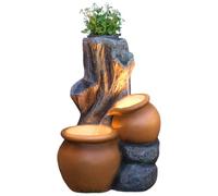 Festive Lights - 53.5cm Rustic Tree Trunk LED Lit Solar Powered Terracotta Water Feature with Flower Planter - Outdoor Polyresin Garden Fountain, Timer Functions, External Panel, 5m Cable Included