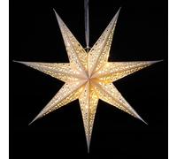 Festive Lights - 60cm Paper Shining Star Christmas Battery Powered Pre-Lit Seasonal Decoration - 20 Warm White LEDs, 6 Hour Timer Function, IP20 Indoor Use, Rope Hanging Loop, Rustic Modern Style