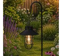 Festive Lights - 71cm Black Solar Fisherman Outdoor Stake Light with Hanging Lantern - Warm White Filament Effect LED, Antique Rustic Metal Look, IP44 Rated, Cage Finish, Integrated Panel