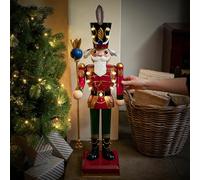 Festive Lights - 80cm Battery Powered Traditional Style Red & White InLit LED Hand-Painted Metal Nutcracker Christmas Figure