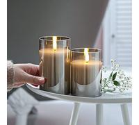 Festive Lights - Authentic Flame 10cm & 12.5cm Real Wax Smoked Grey Glass Battery Operated Candles - Warm White Flickering LEDs - Safe, Elegant Indoor Christmas & Home Decorations (Without Remote)