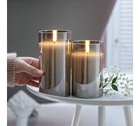 Festive Lights - Authentic Flame 12.5cm & 15cm Real Wax Smoked Grey Glass Battery Operated Candles - Warm White Flickering LEDs - Safe, Elegant Indoor Christmas & Home Decorations (Without Remote)
