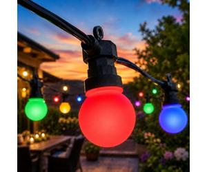 Festive Lights ConnectPro® 25m / 82ft Connectable Outdoor Garden LED Festoon Lights, Multicoloured Frosted Bulbs, Commercial String Lighting, IP65 Waterproof, Black Rubber Cable, with Plug