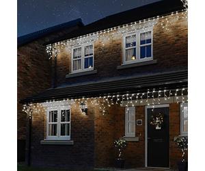 Festive Lights - ConnectPro® 5m Connectable Christmas Icicle Lights - 120 Clear White Flash Bulb LEDs - Mains Operated IP65 Outdoor Waterproof Decoration - Heavy Duty White Rubber Cable (No Plug)
