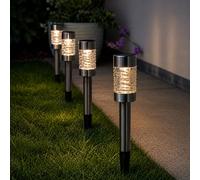 Festive Lights - Pack of 4 Solar Stainless Steel Silver Stake Lights - Dual Warm & Cool White LEDs, 42cm Height, IP44 Rated, Integrated Panel - Battery Included, Outdoor Garden Border Pathway Lighting