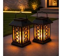 Festive Lights - Set of 2 Solar Candle Lanterns - 17.5cm Black Outdoor Hanging or Table Lights, Realistic Flickering Amber LED Flame Effect, Waterproof Garden, Patio & Decking Decorations, IP44 Rated