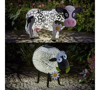 Festive Lights - Set of 2 Solar Farmyard Ornaments Cow & Sheep - Handmade Metal Garden Figures, Colour Changing & White LED, Filigree & Coil Shadow Patterns, Weatherproof Steel, Dusk Sensor, Outdoor