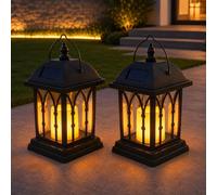 Festive Lights - Set of 2 Solar Garden Candle Lanterns - 27cm Black Outdoor Hanging or Tabletop Lights, Flickering Amber LED Flame Effect, Waterproof, Patio, Garden & Decking Lanterns Gift for Mum