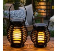 Festive Lights - Set of 2 Solar Rattan Lanterns - 17cm & 21cm Black Garden Decoration Cage Lanterns, Warm White Flickering Flame LED, Outdoor Hanging or Tabletop Lights, IP44 Waterproof