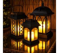 Festive Lights - Set of 3 Solar LED Garden Lanterns - Outdoor Decorative Hanging & Tabletop Lantern Lights, Amber Flickering LED Candle Effect, Weatherproof IP44, for Patio, Balcony, Pathways