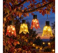 Festive Lights - Set of 4 Solar Tulip Hanging Lanterns, 18.5cm Pink & Yellow Flower Lights with Warm White LEDs, Outdoor Garden, Patio & Table Decorations, IP44 Weather Resistant