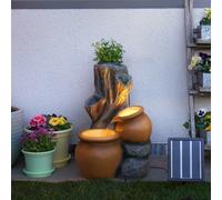 Festive Lights - 53.5cm Garden Water Feature, Rustic Tree Trunk Outdoor Fountain with Planter, Solar, USB & Mains Powered, Polyresin, LED Light, Timer, External Panel