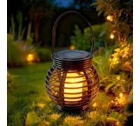 Festive Lights - Solar Powered Black Rattan Effect Lantern - 17cm Garden Candle Cage Lantern, Warm White Flickering Flame LED, Outdoor Hanging Tabletop Patio & Decking Decoration, IP44 Waterproof