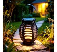 Festive Lights - Solar Powered Black Rattan Effect Lantern - 21cm Garden Candle Cage Lantern, Warm White Flickering Flame LED, Outdoor Hanging Tabletop Patio & Decking Decoration, IP44 Waterproof