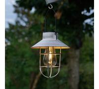 Festive Lights - 21cm Solar Grey Fisherman Hanging Lantern with Warm White Filament Effect LED - Antique Rustic Metal Look, IP44 Rated, Outdoor Decorative Garden Light - Integrated Panel, Cage Finish