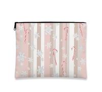 Festive Makeup Bag, Candy Cane and Snowflake Striped Cosmetic Pouch for Women, Portable Small Canvas Zipper Organizer, Holiday Toiletry Bag, Peach, 7x9 Inch, Candy Canes