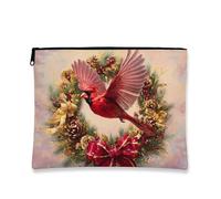 Festive Makeup Bag, Cardinal Bird Vintage Christmas Cosmetic Travel Pouch for Women, Portable Small Canvas Zipper Organizer, Holiday Toiletry Bag, Red, 7x9 Inch, Bird