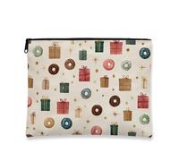 Festive Makeup Bag, Colorful Donuts and Presents Cosmetic Travel Pouch for Women, Portable Small Canvas Zipper Organizer, Holiday Skincare Toiletry Bag, Multicolor, 7x9 Inch, Pouch