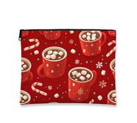 Festive Makeup Bag, Red Mug Hot Cocoa Cosmetic Travel Pouch for Women, Portable Small Canvas Zipper Organizer, Winter Holiday Toiletry Bag, Red, 7x9 Inch