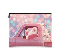 Festive Makeup Bag, Santa Truck Holiday Cosmetic Travel Pouch for Women, Portable Small Canvas Zipper Organizer, Christmas Skincare Toiletry Bag, Peach, 7x9 Inch, Santa