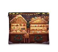 Festive Makeup Bag, Vintage Gingerbread Bakery Cosmetic Travel Pouch for Women, Portable Small Canvas Zipper Organizer, Holiday Skincare Toiletry Bag, Brown, 7x9 Inch, Pouch