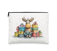 Festive Moose Cosmetic Bag, Cartoon Snowy Holiday Makeup Pouch for Women, Portable Canvas Zipper Organizer, Christmas Gift Toiletry Bag, White, 7x9 Inch, Moose