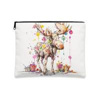 Festive Moose Makeup Bag, Watercolor Holiday Cosmetic Pouch for Women, Portable Zipper Organizer, Christmas Skincare Toiletry Bag 7x9 Inch