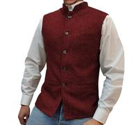 Festive Nehru Men's Tweed Jacket Slim Fit Business Tweed High Neck Vests, Red 2, M