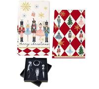 Festive Nutcracker Christmas Tea Towels x2 | plus Wine Accessories set Featuring Corkscrew, Bottle Stopper & Wine Pourer