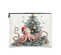 Festive Octopus Makeup Bag, Cartoon Christmas Cosmetic Pouch for Women, Portable Canvas Zipper Organizer, Holiday Toiletry Bag 7x9 Inch