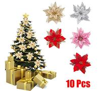 Festive Ornament Pack 10 Glittery Poinsettias for Decorating Trees, Wreaths, and More (Red&Gold)