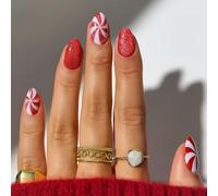 Festive Peppermint Swirl Press On Nails - Long Almond False Fake Nails With Snowflakes Candy Design, Red White Glitter Stiletto Stick On Tips For Women, Salon Quality Manicure Multi-Size Fit Reusable