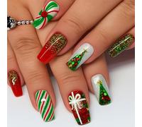 Festive Press-On False Nails, Long Square Glitter Nail Tips, 24-Piece Set | Red, green, silver, white and gold, striped sweets, trees, presents, bows, stars, raised motifs, for home and winter parties