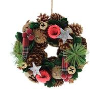 Festive Productions 18cm Christmas Wreath - Natural Pinecones, Tartan Ribbon, and Silver Stars - Christmas Decoration, Perfect for Doors, Christmas Trees and Home - Decorative Wreath