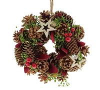 Festive Productions 18cm Green Christmas Wreath - Pinecones, Red Berries, Gold Stars - Perfect for Doors, Trees & Home - Decorative Wreath