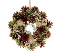 Festive Productions 18cm Green Christmas Wreath - Red Flowers, Natural Pinecones and Gold Bells - Christmas Decoration, Perfect for Doors, Christmas Trees and Home - Decorative Wreath
