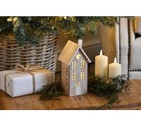 Festive Productions 20cm Battery Operated Light Up Wooden White Nordic House with Heart Detail Tabletop Decoration - Christmas Decoration For Home - Gift Idea for Christmas - Festive Décor