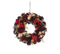 Festive Productions 30cm Christmas Wreath - Red Pinecones, Hessian Ribbon, and Red Berries - Christmas Decoration, Perfect for Front Doors and Home - Decorative Wreath