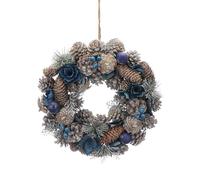 Festive Productions 30cm Christmas Wreath with Blue Flowers, Baubles, Frosted Pinecones & Greenery - Elegant Winter Door Decoration