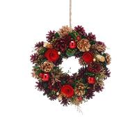 Festive Productions 30cm Green Christmas Wreath - Pinecones, Red Flowers & Baubles - Christmas Decoration, Perfect for Front Doors and Home - Decorative Wreath