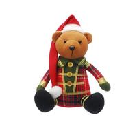 Festive Productions 33cm Christmas Plush Sitting Bear - Red, Green & Gold Tartan Teddy with Santa Hat - Cute Christmas Teddy Decoration