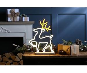 Festive Productions 36cm Reindeer Neon Flex LED Light Sign - Warm White and Yellow LED Reindeer Decoration on Base - Indoor Christmas Light with 215 LEDs and 3m Lead Cable