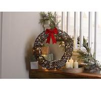 Festive Productions 50cm Battery Operated Lit Christmas Wreath with Red Bow - 40 Warm White LED Lights & Timer Function