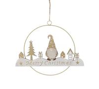 Festive Productions Christmas Gold Wire Ring Hanging Decoration with Wooden Gonk & Village Scene - 25cm - Christmas Decoration For Home - Gift Idea for Christmas - Hanging Christmas Decoration