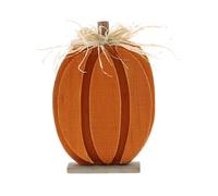 Festive Productions Decorative Wooden Pumpkin with Straw Bow on Wooden Base - Orange - 24cm - Halloween Decoration Autumn Pumpkin Themed Décor Autumnal - Perfect for Home, Kitchen, Living Room