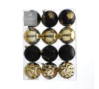 Festive Productions Set of 12 x 8cm Shatterproof Baubles - Black & Gold Designs - Luxury Baubles - Christmas Baubles - Christmas Tree Decorations, Hanging Christmas Decorations